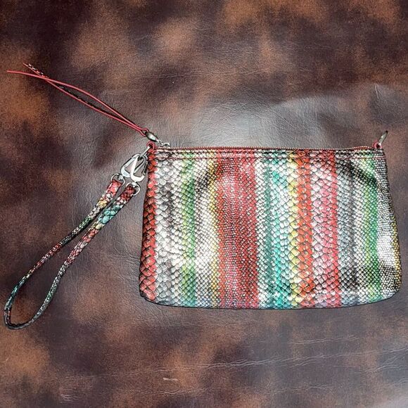 Hobo Holiday Stripe Vida Leather Wristlet Bag Zip Top CC Slots Snakeskin Y2K - Picture 1 of 8